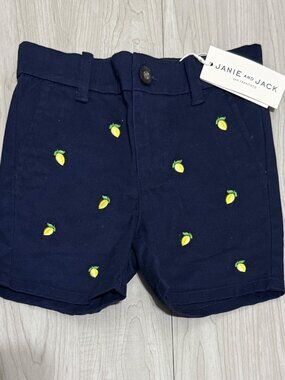 Janie and Jack boys 3 NWT navy blue chino twill shorts embroidered lemons preppy